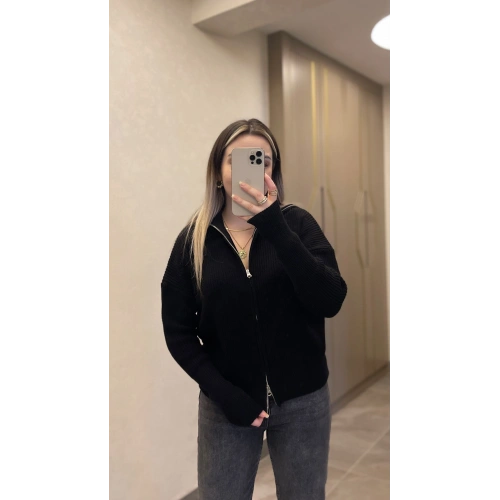 Siyah Çift Fermuarlı Hırka