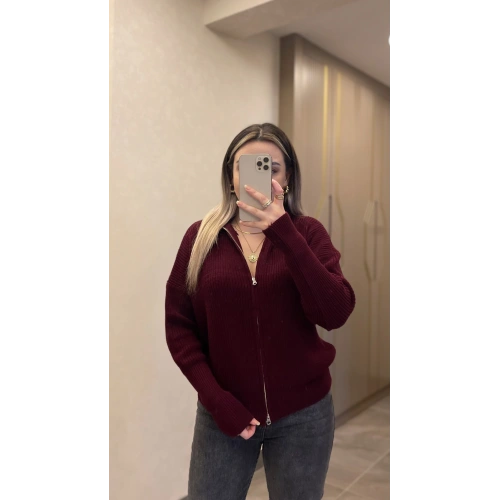Bordo Çift Fermuarlı Hırka
