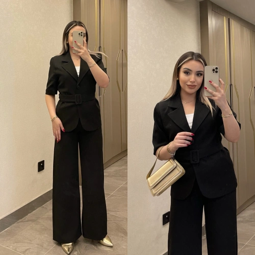 Kemerli Siyah Blazer Takım