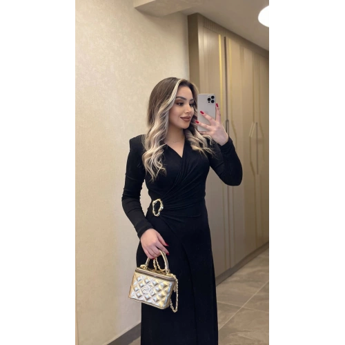 Işıltılı Gold Toka Detaylı Kruvaze Elbise Siyah