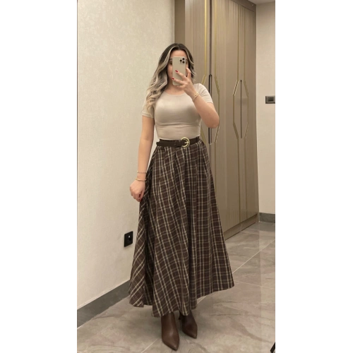 Kahverengi Kemerli Ekose Etek