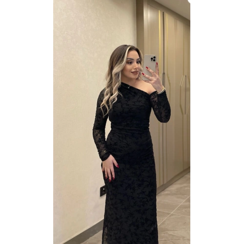 Siyah Dantel Detaylı Transparan Elbise