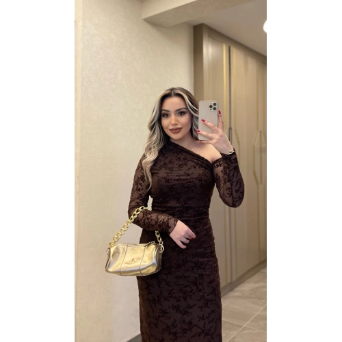 Acı Kahve Dantel Detaylı Transparan Elbise