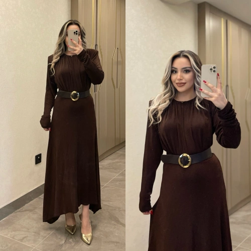 Kemerli Acı Kahve Işıltılı Elbise