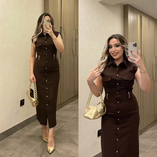 Kemer Aksesuar Detaylı Acı Kahve Slim Elbise