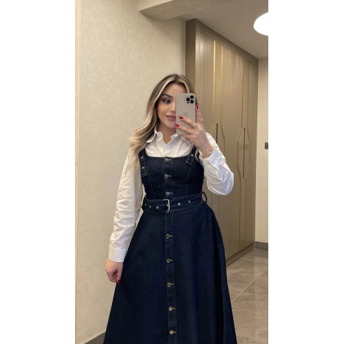 Etek Ucu Asimetrik Denim Elbise