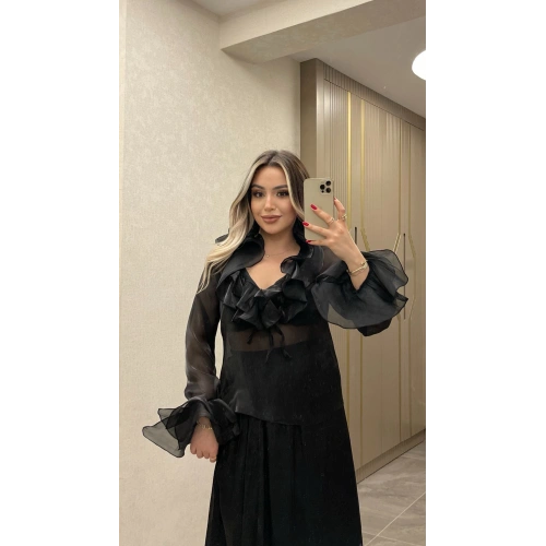 Fırfırlı Şifon Transparan Takım Siyah