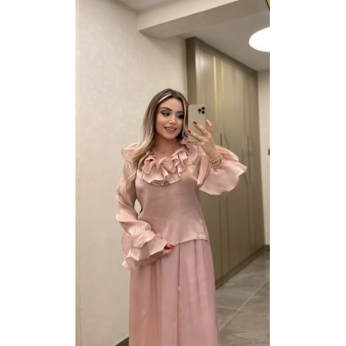 Fırfırlı Şifon Transparan Takım Pembe