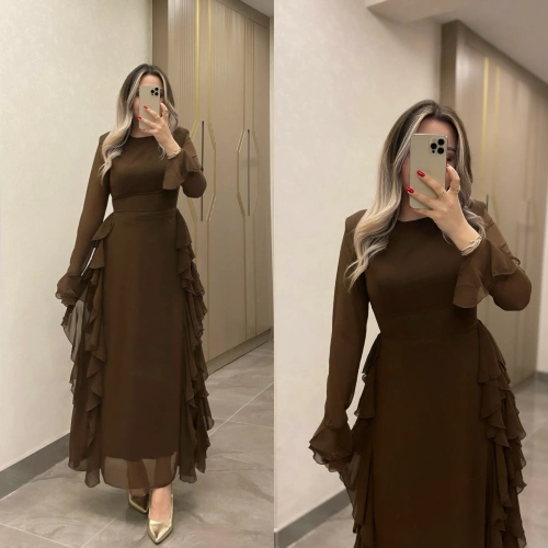 Acı Kahve Volanlı Şifon Elbise