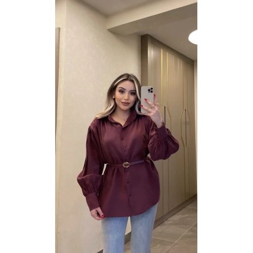 Bordo Kemerli Modal Gömlek
