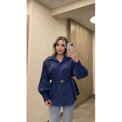 Lacivert Kemerli Modal Gömlek