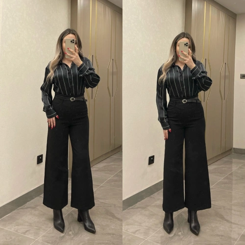 Kemerli Siyah Kumaş Pantolon