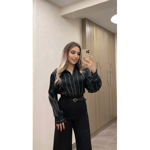 Çizgili Siyah Saten Gömlek