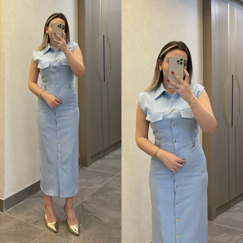 Kemer Aksesuar Detaylı Bebe Mavisi Slim Elbise