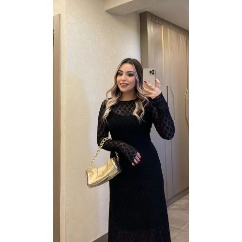 Dantelli Astarlı Siyah Maxi Boy Elbise