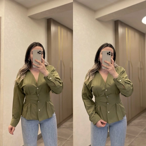 Belden Pileli Yeşil Gömlek