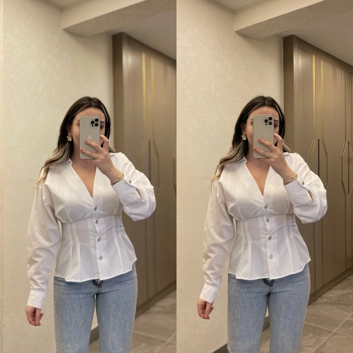 Belden Pileli Beyaz Gömlek