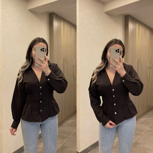 Belden Pileli Acı Kahve Gömlek