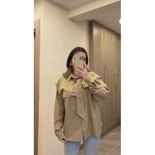 Fularlı Çizgili Gömlek Camel