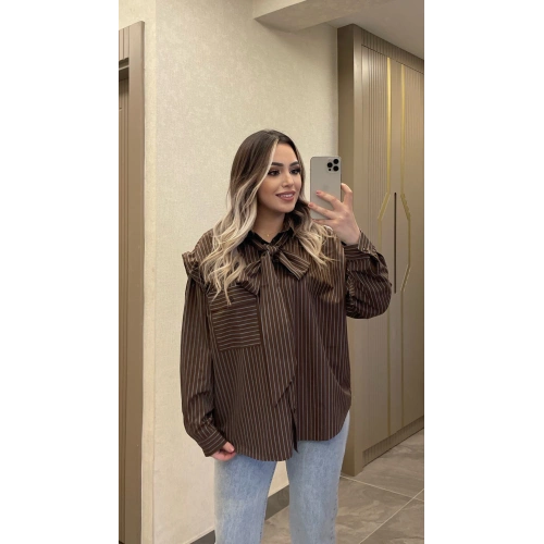 Fularlı Çizgili Gömlek Acı Kahve