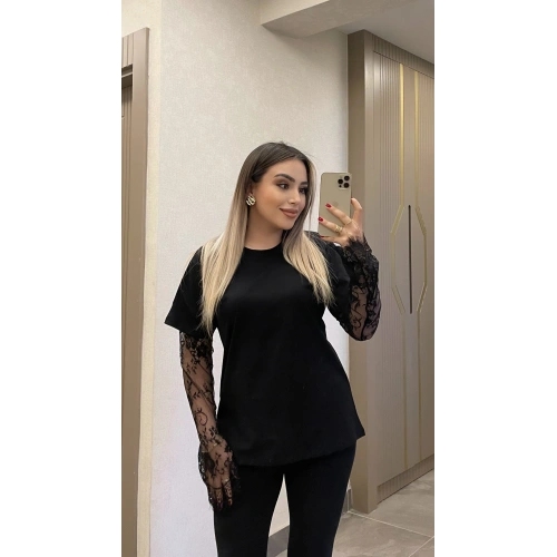 Kolu Dantelli Siyah Tshirt