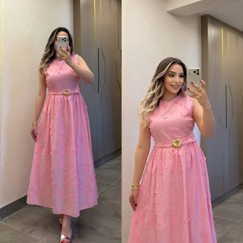 Kabartma Çiçekli Brode Elbise Pembe