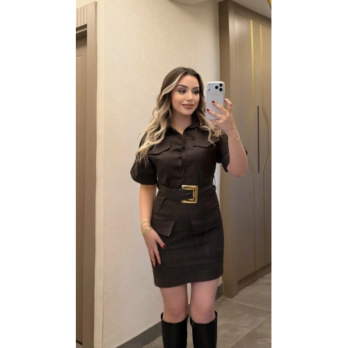 Acı Kahve Gold Kemerli Denim Elbise