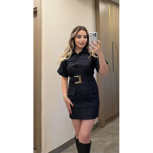 Lacivert Gold Kemer Detaylı Denim Elbise