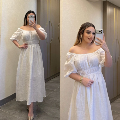 Beyaz Yakası Büzgülü Müslin Elbise