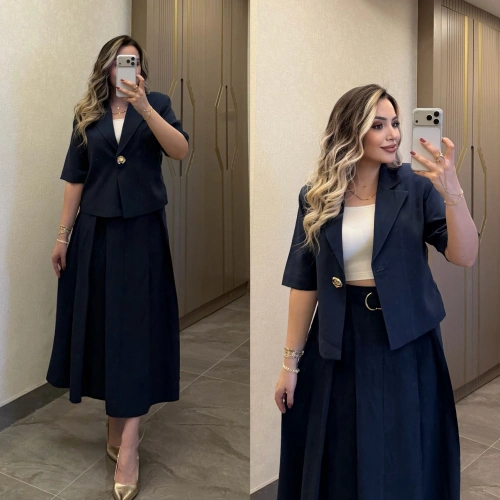 Lacivert Etek Blazer Ceket Takım