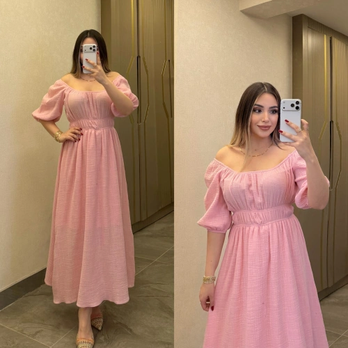 Pembe Yakası Büzgülü Müslin Elbise
