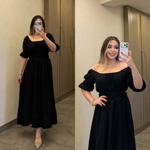 Siyah Yakası Büzgülü Müslin Elbise