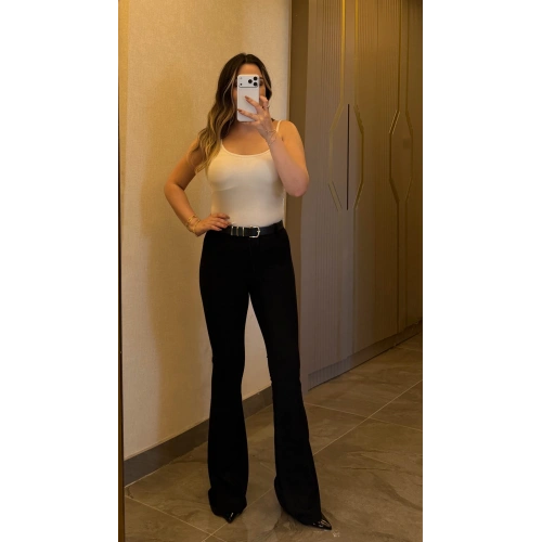 Siyah Kemerli Flare Pantolon