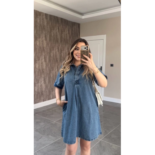 Yıkamalı Mavi Denim Elbise
