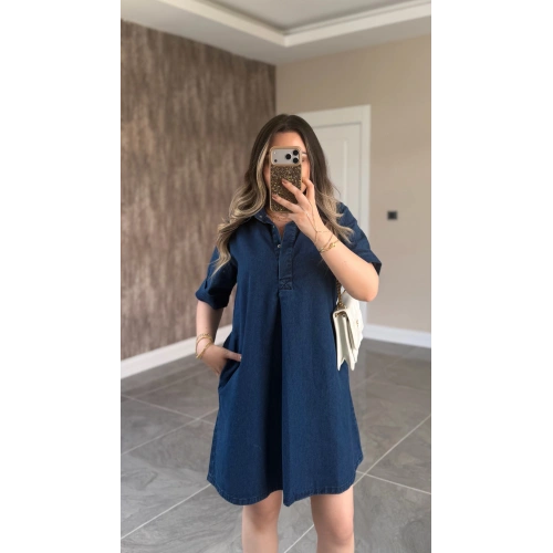 Koyu Mavi Denim Elbise