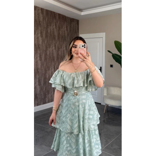 Mint Katkatlı Fırfırlı Elbise