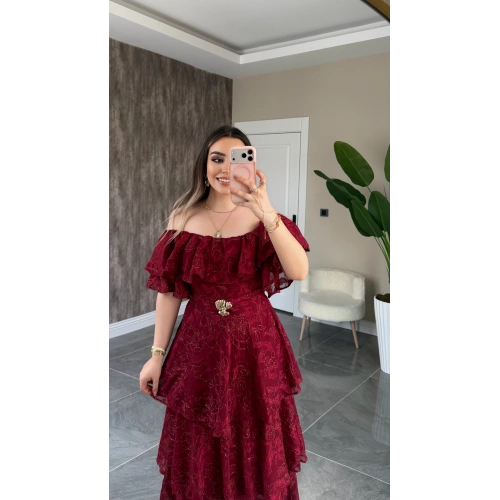 Bordo Katkatlı Fırfırlı Elbise