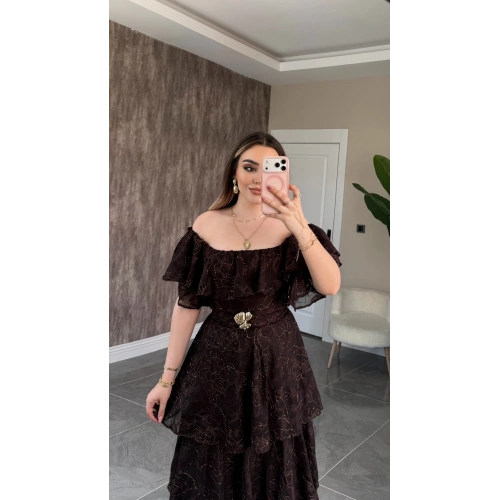 Acı Kahve Katkatlı Fırfırlı Elbise