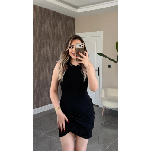 Halter Yaka Düğümlü Siyah Elbise