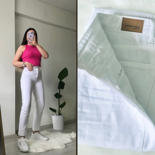 Yüksek Bel Beyaz Mom Jean