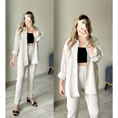 Gömleki Gofre Kumaş Dar Paça Pantolonlu Takım