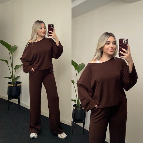 Oysh Omuz Detaylı Modal Takım Kahverengi