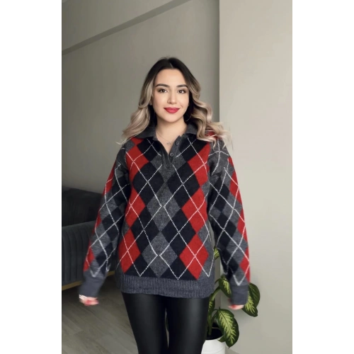 Polo Yaka Baklava Desenli Kazak