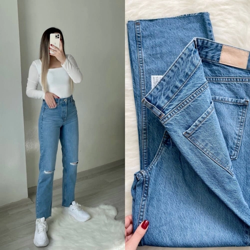 Dizi Yırtık Mavi Mom Jean