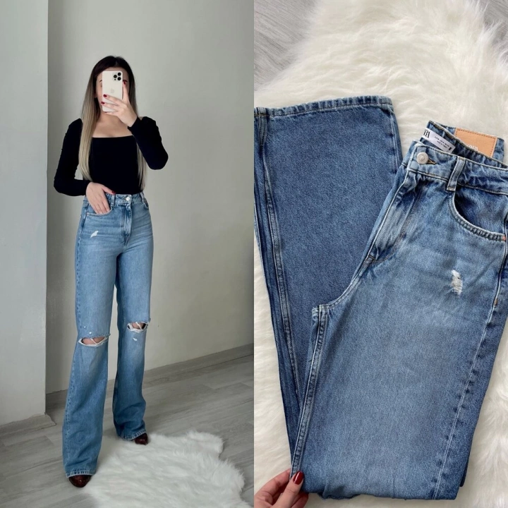 Dizi Yırtık Wide Leg Jean ZR