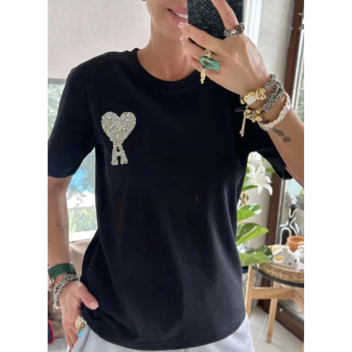 Ami Taşlı Siyah Tshirt