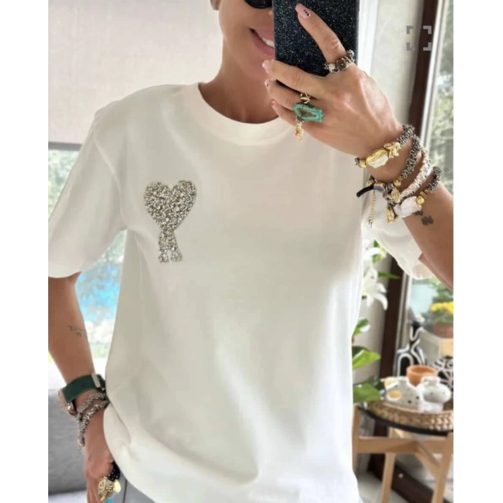 Ami Taşlı Beyaz Tshirt