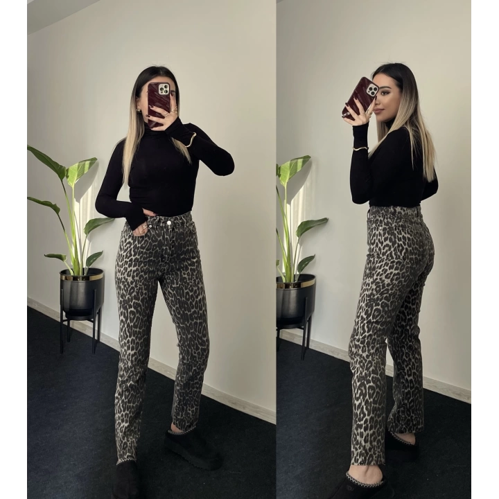 Leopar Desen Likralı Mom Jean