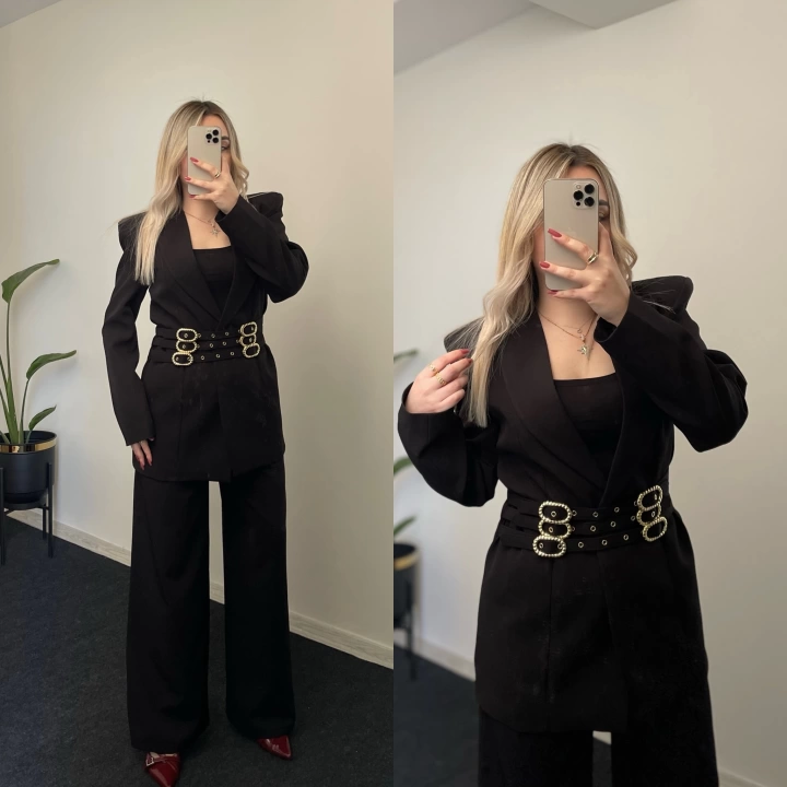 Tasarım Tokalı Blazer Takım Siyah