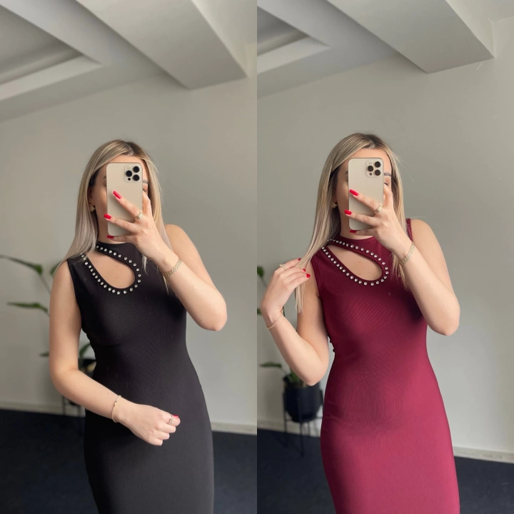 Damla Dekolte Elbise Taşlı